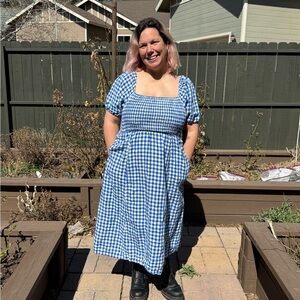 Boden Blue Gingham cottagecore prairie whimsical smocked dress size 16-18R